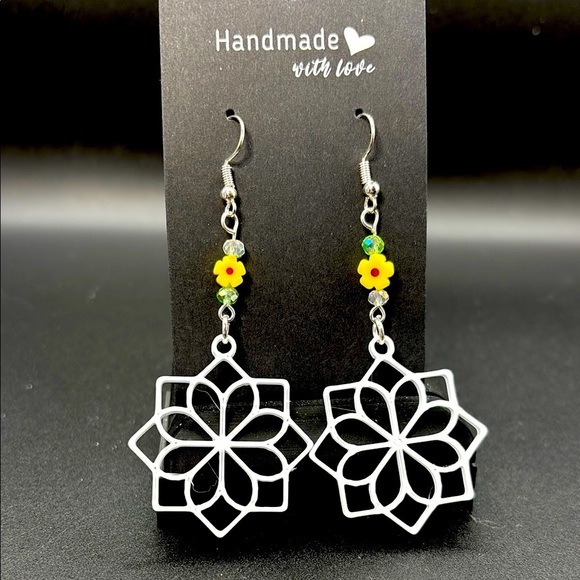 Silver Geometric Earrings with Yellow Flower Accents - Picture 1 of 6